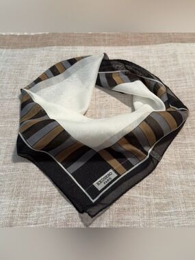 KKÚSEBO PARIS #010 Striped Silk-Blend Pocket Square Scarf/Black,White,Brown,Gray